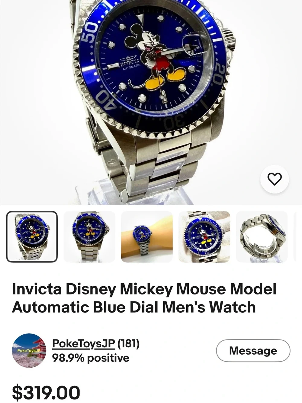 Invicta Men’s Stainless Steel Watch with Blue Dial and Cartoon Accent